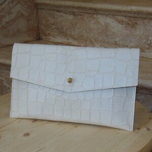 H " To Honor Them " Oversized White Leather Reptilian Croc Flap Envelope Clutch